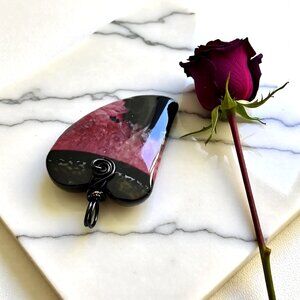Stunning & OOAK - BIG!!! Watermelon Red + Black Agate Heart Pendant! Mothers Day